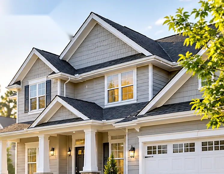 Modern American suburban home representing homeownership, insurance, mortgages, and home improvement