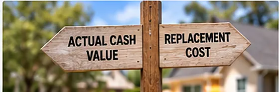 A wooden signpost with arrows pointing toward Actual Cash Value and Replacement Cost