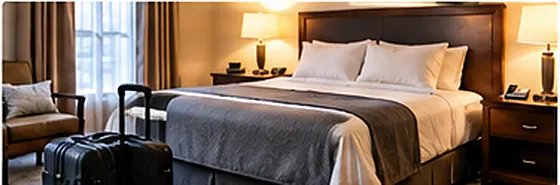 A neatly made hotel bed with a suitcase nearby, representing temporary housing during a covered home repair