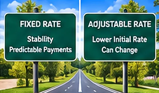 Two road signs pointing in different directions labeled Fixed-Rate and Adjustable-Rate