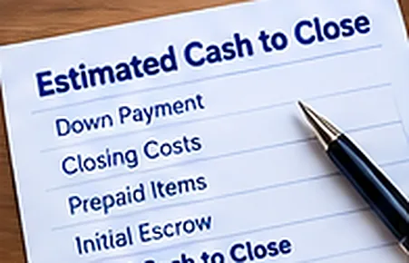 A document titled Estimated Cash to Close listing down payment, closing costs, prepaid items, and initial escrow
