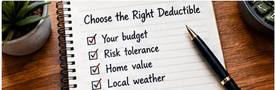 A handwritten checklist titled Choose the Right Deductible, listing budget, risk tolerance, home value, and local weather