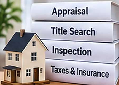 Stacked books labeled Appraisal, Title Search, Inspection, and Taxes and Insurance