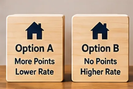 Two wooden blocks labeled Option A More Points Lower Rate and Option B No Points Higher Rate