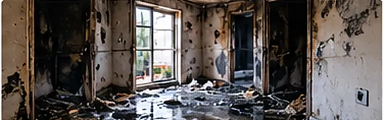 An interior room showing fire and water damage to walls and flooring