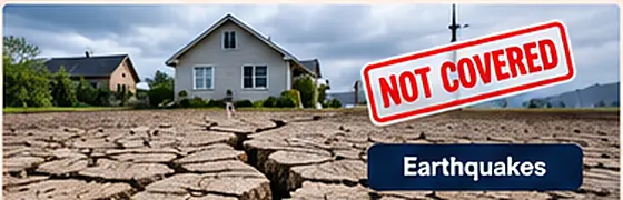 Deep cracks in dry, cracked ground near a residential neighborhood