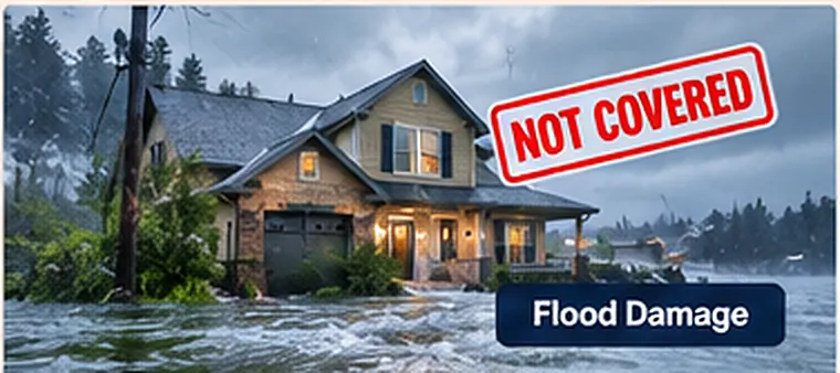 A house surrounded by floodwater during heavy rain, labeled as an example of damage not covered by standard homeowners insurance