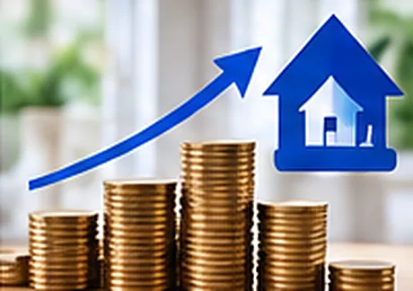 Stacks of coins next to a small house icon and an upward arrow, representing growing home equity