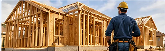 A contractor overseeing the wood-frame construction of a home under repair