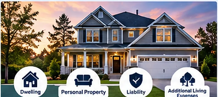 A house illustrated with icons for the four main homeowners insurance coverage categories: dwelling, personal property, liability, and additional living expenses