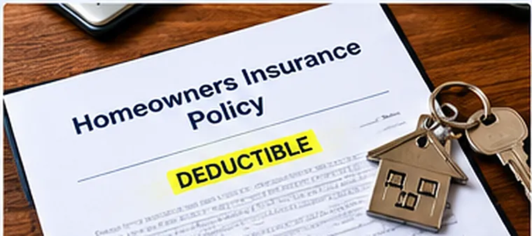 A homeowners insurance policy document with the word deductible highlighted, next to a house key