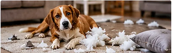 A dog sitting beside a torn pillow on the floor, illustrating a homeowner liability scenario