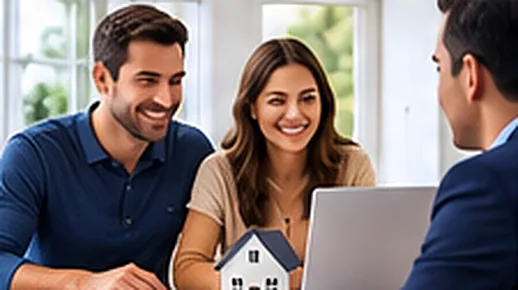 A couple reviewing a home listing on a laptop with a real estate agent