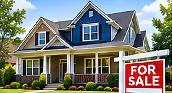 A two-story suburban home with a For Sale sign on the front lawn