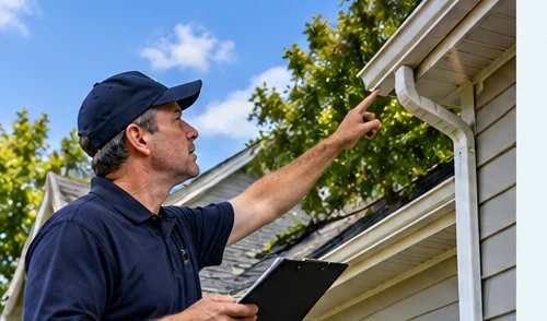 An inspector examining a home's roof and gutter while holding a clipboard