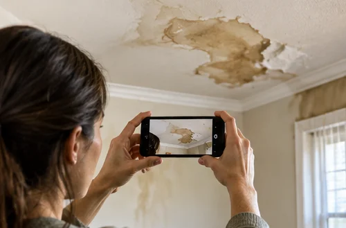 A homeowner photographing a water-stained ceiling with a smartphone to document damage