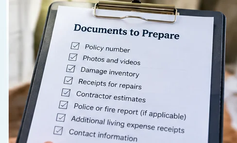 A clipboard checklist titled Documents to Prepare, listing policy number, photos, damage inventory, receipts, and contact information