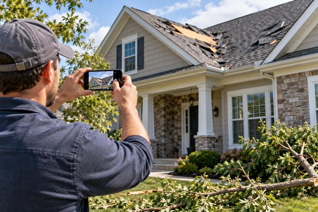 A homeowner photographing storm damage to a roof with a smartphone before filing an insurance claim