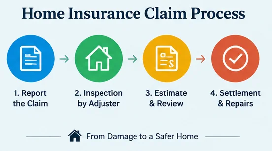 Home Insurance Claim Process graphic: 1. Report the Claim, 2. Inspection by Adjuster, 3. Estimate and Review, 4. Settlement and Repairs