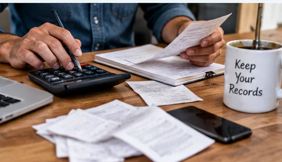 A homeowner reviewing receipts and calculating expenses at a desk while keeping claim records