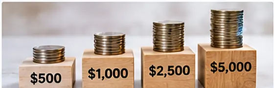 Stacks of coins labeled with example deductible amounts of $500, $1,000, $2,500, and $5,000