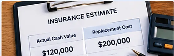 A sample insurance estimate document comparing an actual cash value amount to a replacement cost amount