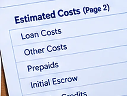A document showing estimated closing costs including loan costs, other costs, prepaids, initial escrow, and lender credits