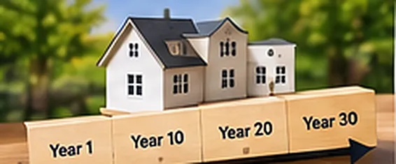 A model house on wooden blocks labeled Year 1, Year 10, Year 20, and Year 30
