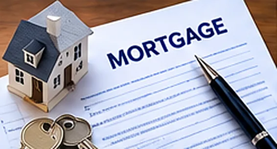 A small model house next to mortgage paperwork, keys, and a pen