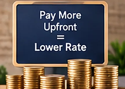 A sign reading Pay More Upfront equals Lower Rate next to stacks of coins