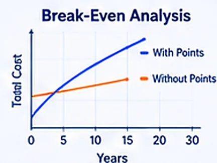 A break-even analysis chart comparing total cost over time with and without points