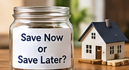 A jar of coins labeled Save Now or Save Later next to a small house model