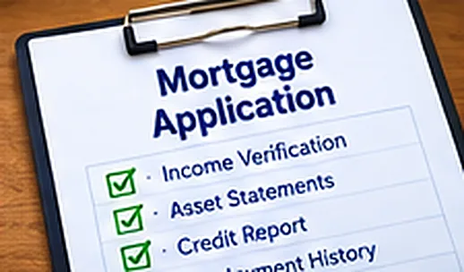 A clipboard mortgage application checklist showing income verification, asset statements, credit report, and employment history
