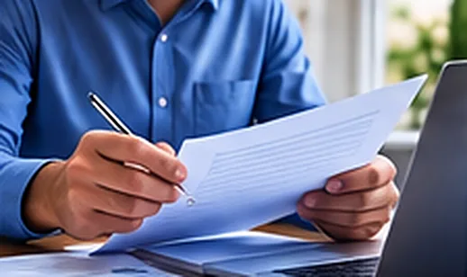 A person reviewing and signing mortgage documents at a desk with a laptop nearby