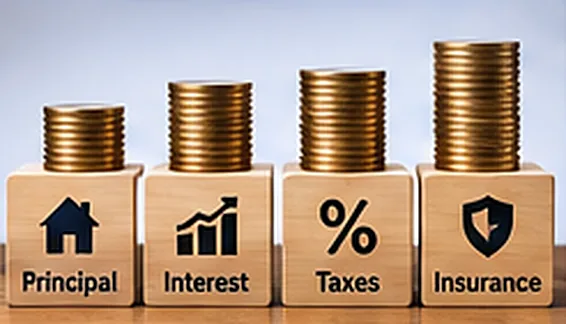 Stacked wooden blocks labeled Principal, Interest, Taxes, and Insurance