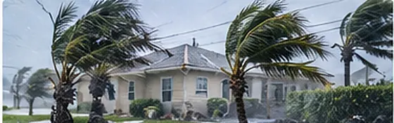 Palm trees bending in a storm outside a home, illustrating when a percentage or hurricane deductible may apply