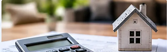 A calculator and a small model house sitting on paperwork, representing estimating replacement cost