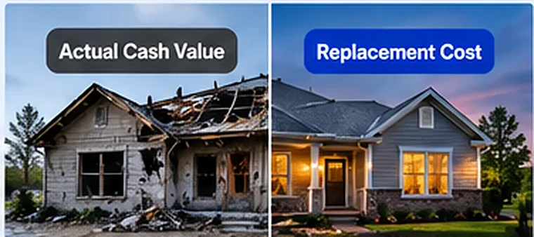 Split comparison of a damaged home labeled Actual Cash Value beside a repaired home labeled Replacement Cost