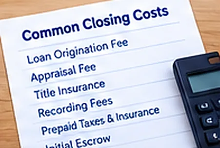 A checklist of common closing cost items including loan origination fee, appraisal fee, title insurance, recording fees, prepaid taxes and insurance, and initial escrow