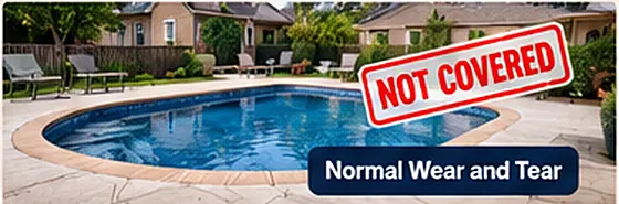 A backyard swimming pool and patio showing signs of wear from age and weather exposure